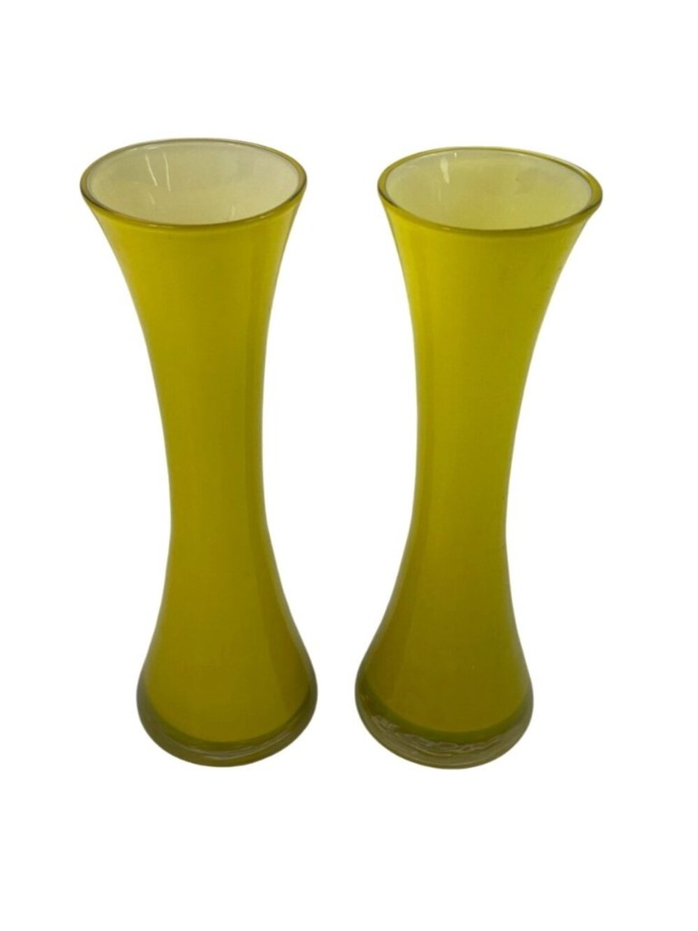 Pair Of Vintage Yellow Glass Bud Vases 5.75" Tall Flared Base Set
